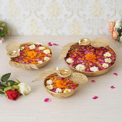 WEBELKART Premium Gold Polish Leaf and Flower Pattern with Diya Set of 3 Bowl for Dining Table Flower Shape Flower Decorative Urli Bowl for Home Floating Flowers for Home | Diwali Decoration Gold