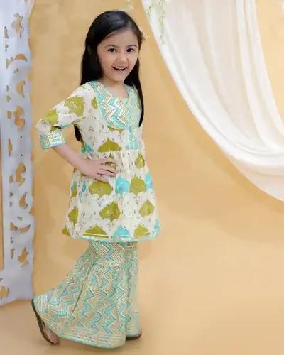 Kid’s Girls Pure Cotton Jaipur Block Printed Indian Ethnic Festive Party Wear Suit Sets | Green