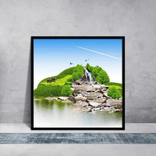 ArtzFolio Island With Vegetation & A Waterfall | Premium Canvas Painting for Bedroom & Living Room | Black Wood Frame | 16 x 16 inch (41 x 41 cms)