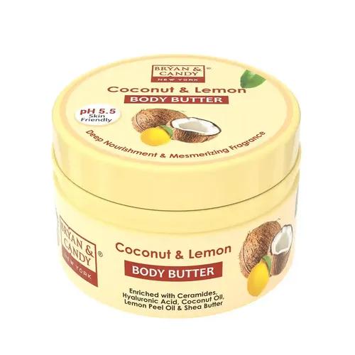 BRYAN & CANDY Coconut & Lemon Body Butter pH 5.5 for 72Hrs Moisturization. Enriched with Ceramides, Hyaluronic acid, Virgin Coconut oil & Shea Butter| Non-Sticky Moisturizer for Women & Men-(200gm)