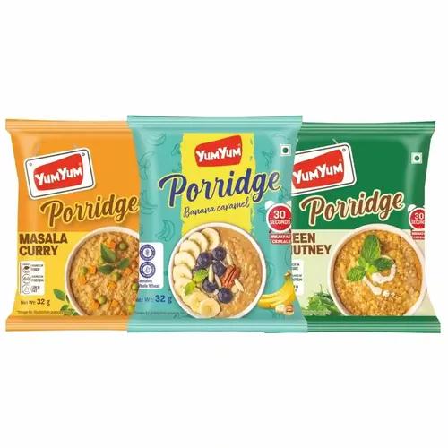 YUM YUM-BANANA CARAMEL,MASALA CURRY,GREEN CHUTNEY-Porridge-32g-Pack-of-3