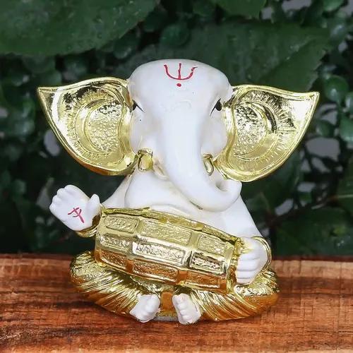 WEBELKART Gold Plated Figurine God of Luck & Success Lord Ganesha Ceramic Statue for Car Dashboard, Diwali, Home Decor