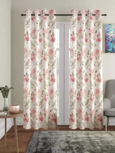 TRANCE HOME LINEN Floral Printed 10 Feet 100% Cotton Long Door Curtain | Eyelet Ring Semi Room Darkening Curtains | Parda for Living Room Bedroom Office Doors (Tashi Pink - Set 2, 10Ft)