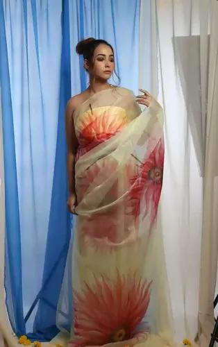 Pure Organza Hand-Painted Light Yellow Saree With Big Red Flower Design