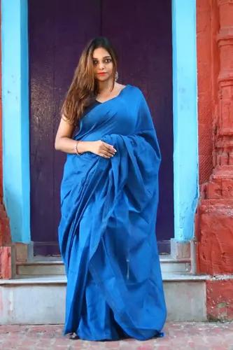 Pure Cotton Plain Saree - Blue