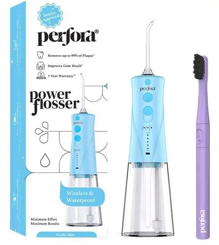 PERFORA Power Water Dental Flosser | 1 Year Warranty | Floss, Electric Toothbrush, Dental Flosser For Teeth Oral Care, 3 Modes - Electric Brush 001 & Flosser Combo | Pacific Blue & Spicy Coral