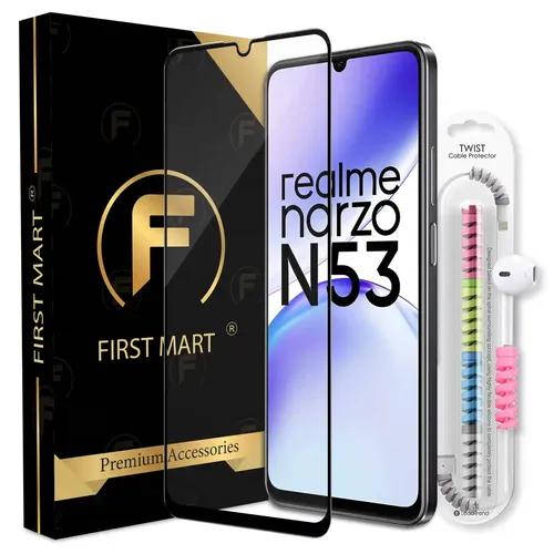 FIRST MART Premium Tempered Glass for Realme Narzo N53 5G / Realme C53 5G with Edge to Edge Coverage and Cable Protector and Easy Installation Kit, Pack of 1