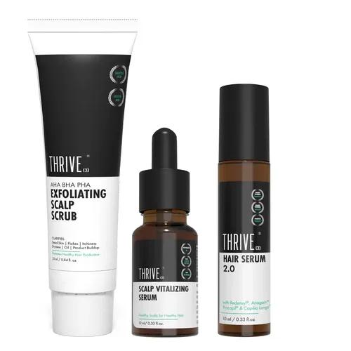 ThriveCo Triple Action Hair Health Kit | AHA BHA PHA Exfoliating Scalp Scrub (25ml) | Scalp Vitalizing Serum (10ml)  | Hair Serum 2.0 Roll On (10ml) | Promotes Hair Growth, Clears Dandruff, Dead Skin, Oil & Product Buildup | Maintains Scalp  Microbiome | Travel-Friendly