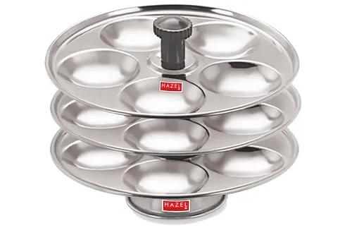 HAZEL Stainless Steel Medium Idli Plate with Stand, 13.5 x 13.5 x 17 cm, Silver