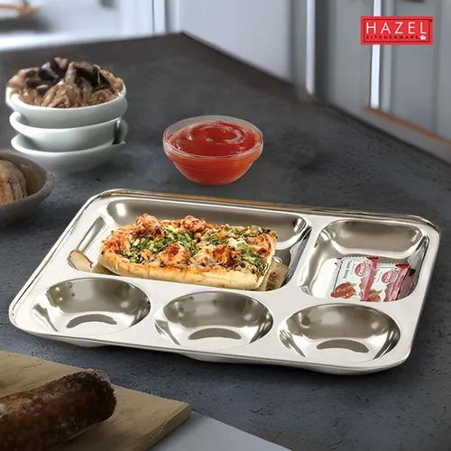 HAZEL Pav Bhaji Plates for Restaurant | Stainless Steel Compartment Plate | 3 in 1 Mess Plate Steel (Rectangle Bhojan Patra (Round Holes), Set of 1)