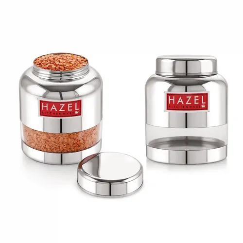 HAZEL Stainless Steel Transparent Glossy Finish Airtight See Through Container Barni Set of 2, 1000 ML, Silver