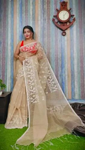 Beige Reshom Silk Handloom Jamdani Saree