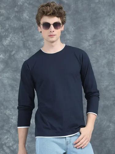 Navy Piped Solid Full Sleeve T-Shirt S