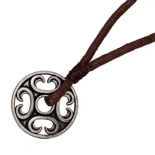 Leather Necklace with Circular Geometric Design Pendant