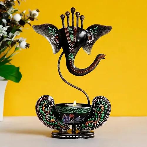 Dartistry Handcrafted Metal Ganesha Tealight Candle Holder for Home Decor/Showpiece Decorations Items for Home, Living Room, Pooja Room - Corporate Gift Items