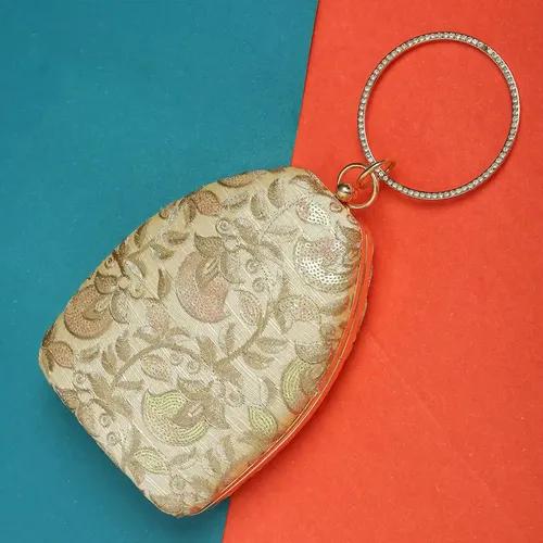 Stylish Embroidered Egg Shape Designer Fabric Clutch - Gold