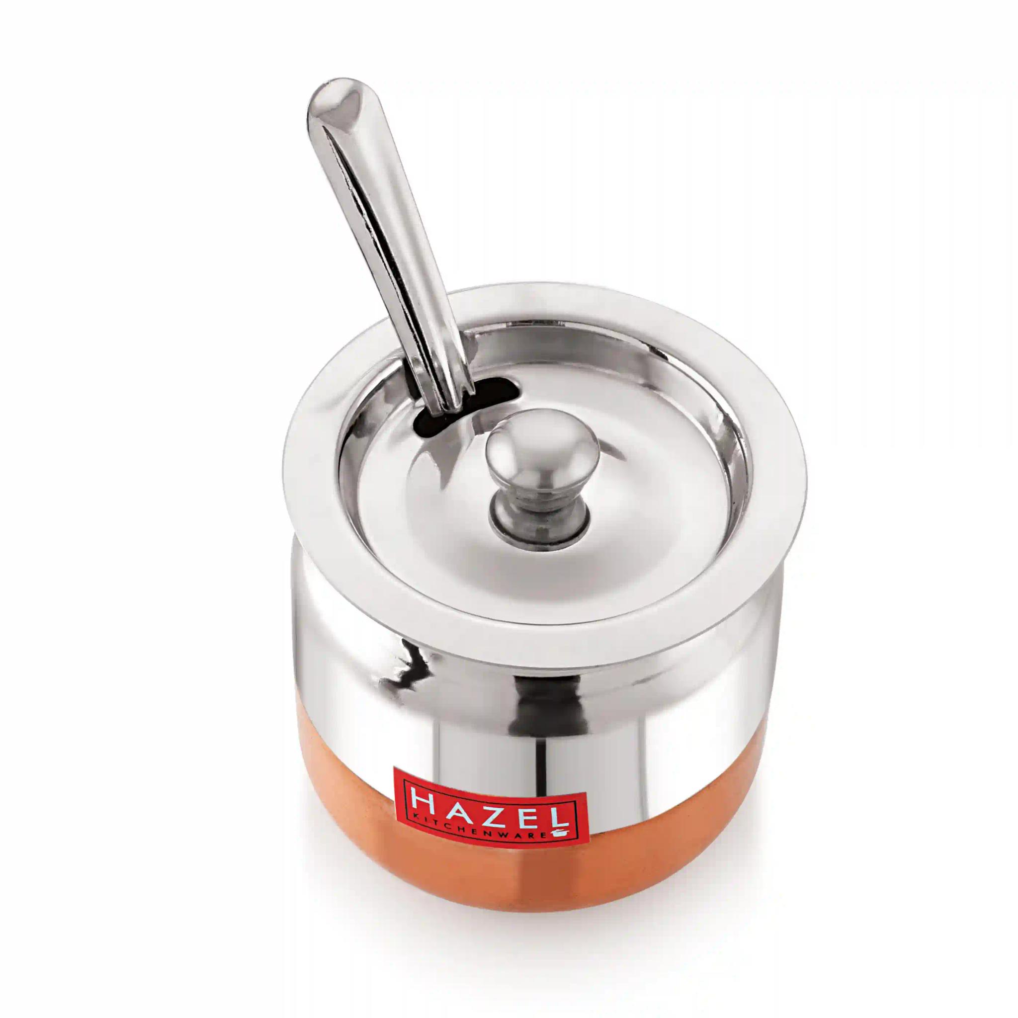 HAZEL Stainless Steel Oil and Ghee Container with Spoon for Kitchen | Multipurpose Oil Container | Capacity of 300ml, Silver