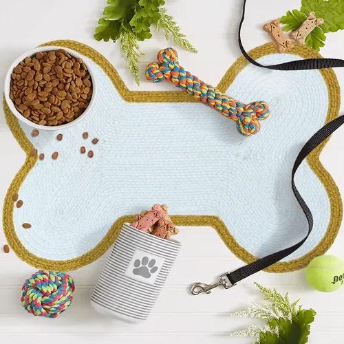 THE HOME TALK Pet Mat for Dogs & Cats | Skin Friendly Food Mats| Hand Braided | FloorMat | Pet Area Carpet| Polyester Fabric | Anti-Spill | Bone Design