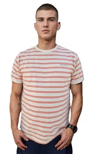 GIOVITTORI Classic Striped Cotton-Elastane T-Shirt, Round Neck, Short Sleeve, Creme/Orange (in, Alpha, L, Regular, Creme/Orange)