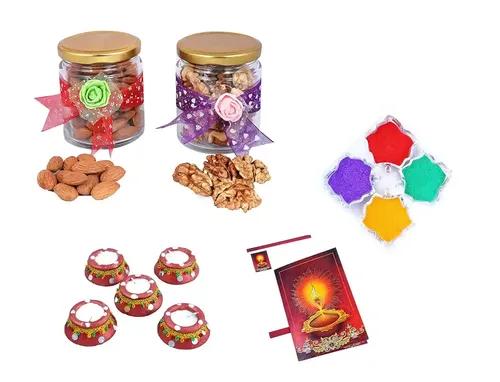 MANTOUSS Diwali Dry Fruit Decorative Glass Jar-Almond and Walnut(100gms Each),200 GMS + 2 Matki Wax Filled Diya, Diwali Greeting Card and Rangoli Colours