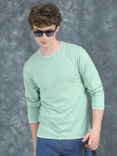 Green Piped Solid Full Sleeve T-Shirt S