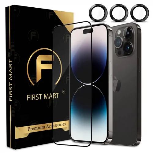 FIRST MART for iPhone 14 Pro Max Tempered Glass and 1 Set of Individual Black Camera Rings Protectors, 2.5D Curved Edges, Full-Coverage Military-Grade Protection, Scratch Resistant | Black Rings