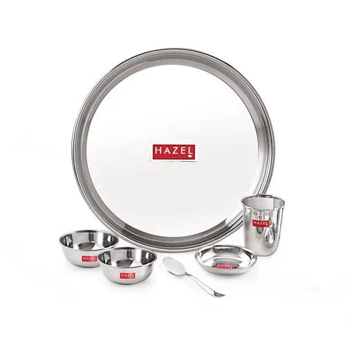 HAZEL Stainless Steel Dinner Set of 6 | Dinner Set Steel (1 Steel Plate, 1 Steel Glass, 1 Dessert Plate, 2 Bowl, 1 Spoon) 6 Pieces, Silver