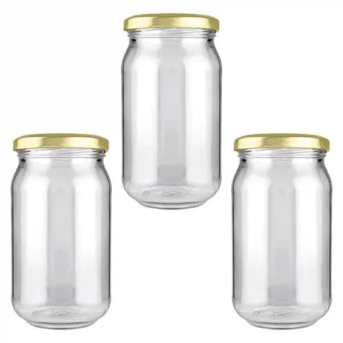 Shiva Organic Round Glass Jar for Kitchen Storage | Food Grade Glass Container | Golden Metal Cap | Air Tight Lid | Clear Transparent Jar