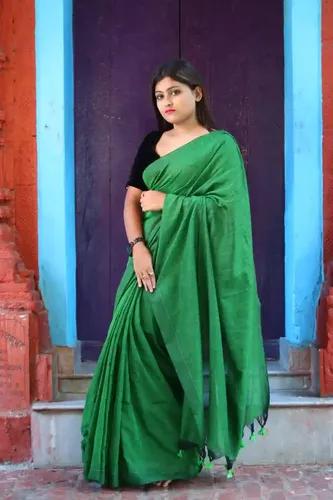 Pure Cotton Plain Saree - Green