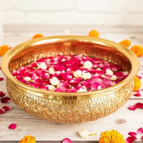 Behoma Classic Chitai Design Urli Bowl for Home Decor || Aluminium Embossed Round Tray for Living Room Dining Office Center Table Decoration Diwali, Festival || Golden Finish 1 PC