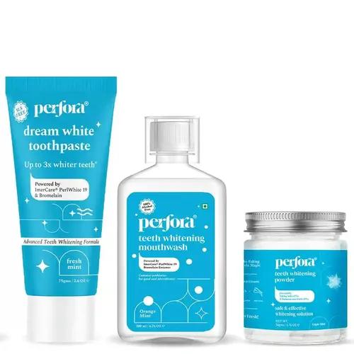 PERFORA Complete Oral Care Teeth Whitening Kit | | No Artificial Sweeteners | Enamel Safe & Effective Teeth Whitener Solution | Instant Teeth Whitening Toothpaste | Alcohol Free Mouthwash | Pack of 3