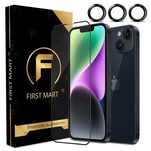 FIRST MART for iPhone 14 Tempered Glass and 1 Set of Individual Black Camera Rings Protectors, 2.5D Curved Edges, Full-Coverage Military-Grade Protection, Scratch Resistant | Black Rings