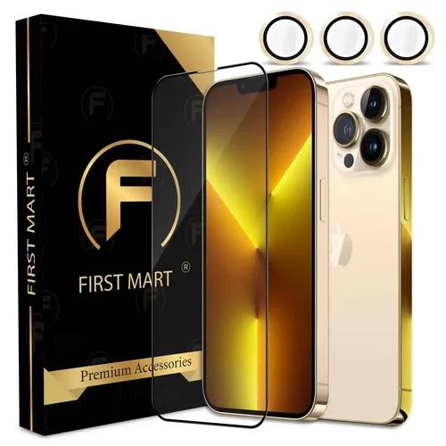 FIRST MART for iPhone 13 Pro Tempered Glass and 1 Set of Individual Gold Camera Rings Protectors, 2.5D Curved Edges, Full-Coverage Military-Grade Protection, Scratch Resistant | Gold Rings