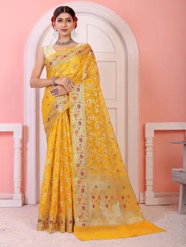 Soft Georgette Flower Print Banarasi Jaal Silk Saree - Yellow