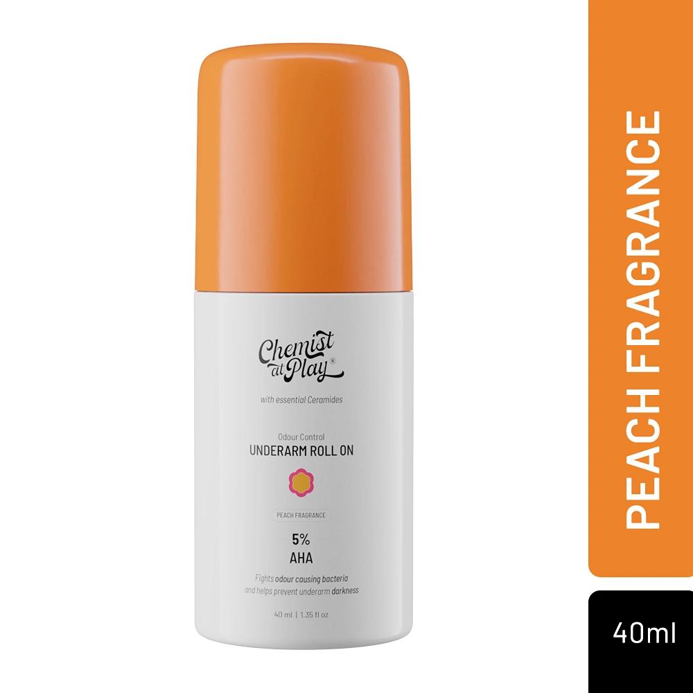 Chemist at Play UnderArm Roll On with 4% Lactic Acid & 1% Mandelic Acid | Prevents Odour, Help Whitens & Brightens Skin, Kills Bacteria & Exfoliates Underarm | Long Lasting Peach Fragrance | Alcohol & Aluminium Free | 40 ml